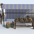 Traditional Wooden Market Stall With Striped Awning Display Shelves Bread Baskets And Oven