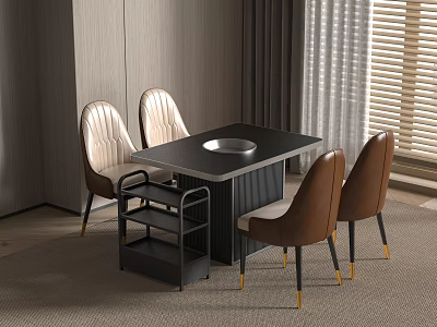Modern Dining Table With Black Tabletop Beige Brown Chairs And Window Blinds In Modern Interior 3d model