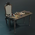 Classic Office Chair With Intricate Carved Backrest And Wooden Desk With Books