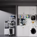 White Laundry Cabinet Rack With Washing Machines Dryers Open Shelves And Tile Backsplash