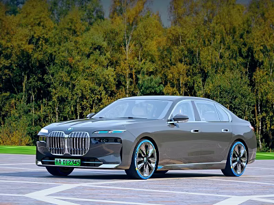 Modern Gray Luxury Electric Sedan With Blue Alloy Wheels And Natural Outdoor Background 3d model