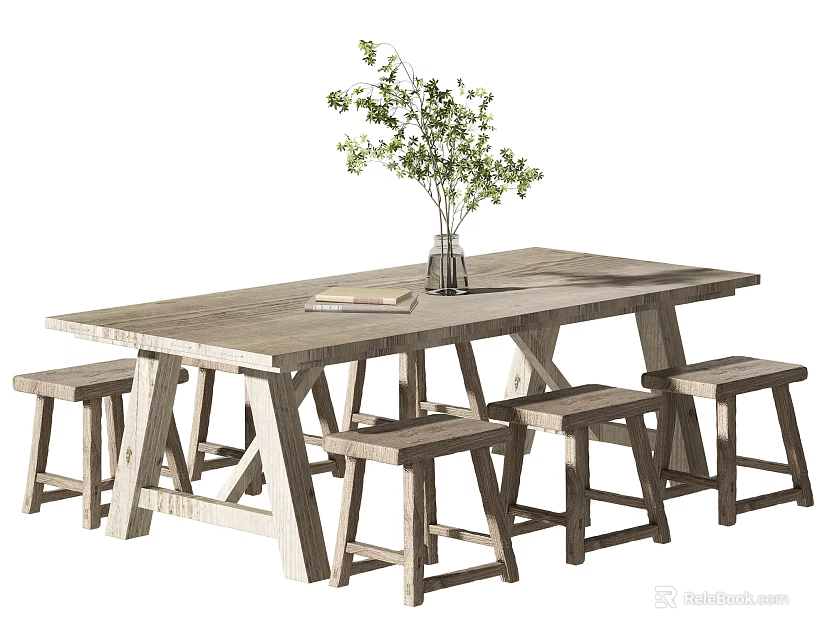 Wooden Dining Table Set with Wooden Benches Vase Green Plants and Book on Top 3d model 