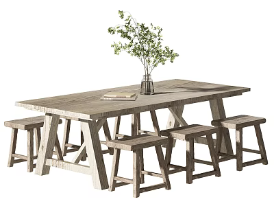 Wooden Dining Table Set with Wooden Benches Vase Green Plants and Book on Top 3d model