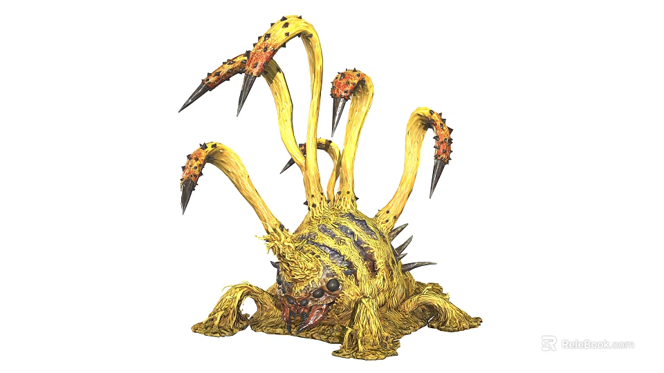 Fantasy Warrior Battling Yellow Spiked Multiple Tentacled Monster With Sharp Claws 3d model 