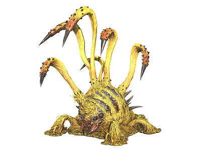 Fantasy Warrior Battling Yellow Spiked Multiple Tentacled Monster With Sharp Claws 3d model
