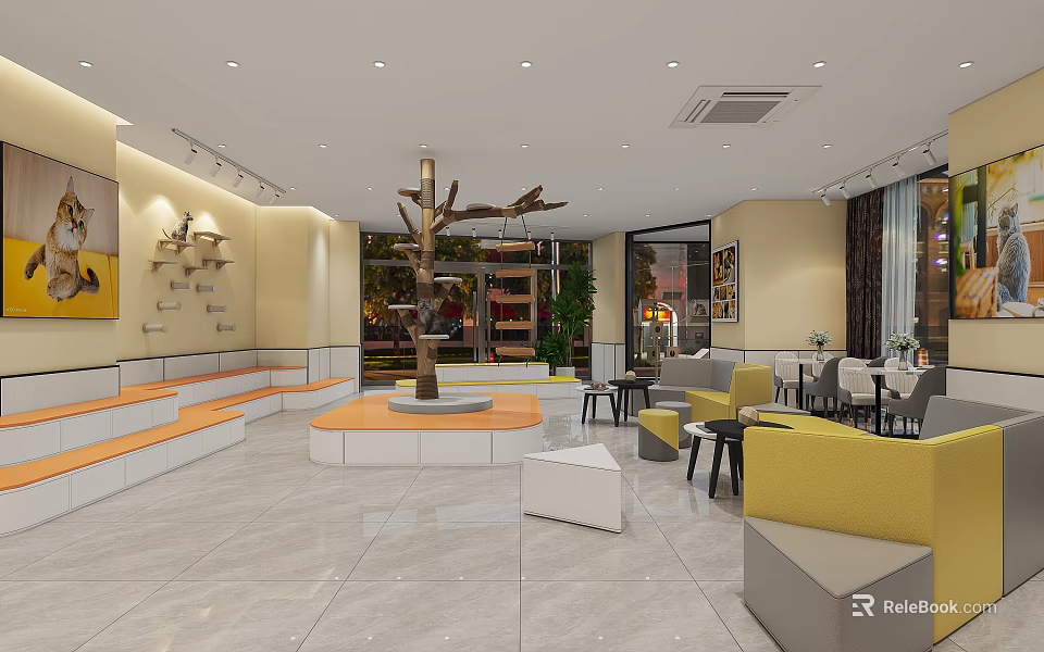 Mall Shop Interior With Tree Decoration Yellow Sofas Stepped Seating And Green Plants 3d model 