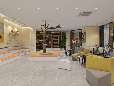 Mall Shop Interior With Tree Decoration Yellow Sofas Stepped Seating And Green Plants 3d model