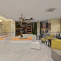 Mall Shop Interior With Tree Decoration Yellow Sofas Stepped Seating And Green Plants