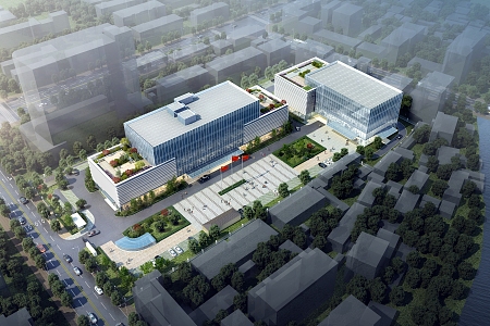 A bird's eye view of a modern office building 3d model