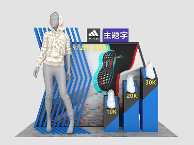 Adidas Themed Display Stand With Mannequin Hoodie Sneakers And 10K 20K 30K Signage 3d model