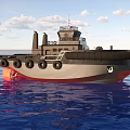 Black Gray Tugboat With Yellow Equipment And Rubber Tires Sailing On Blue Sea