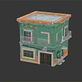 Two story green building model with balconies windows door and roof streamers