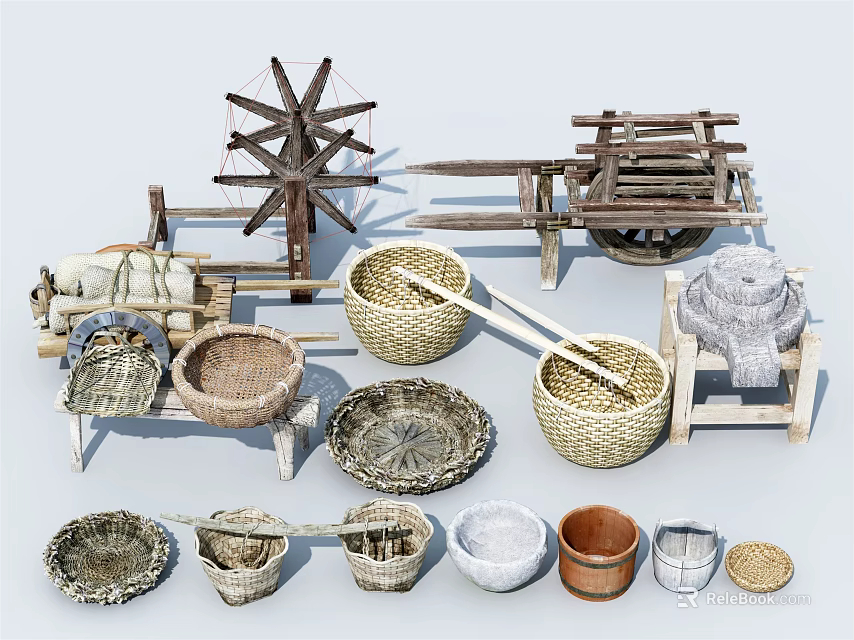 Garden Ornaments With Wooden Windmill Wheelbarrow Woven Baskets And Clay Pots 3d model 