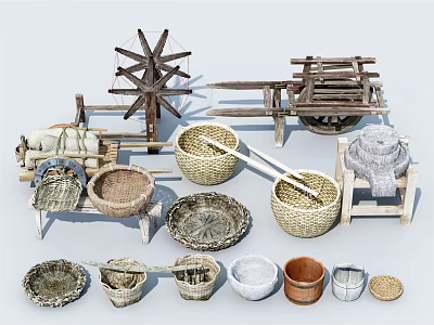 Garden Ornaments With Wooden Windmill Wheelbarrow Woven Baskets And Clay Pots 3d model