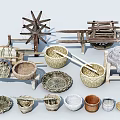 Garden Ornaments With Wooden Windmill Wheelbarrow Woven Baskets And Clay Pots