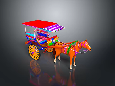 Colorful Horse Drawn Carriage With Red Canopy Yellow Wheels And Decorations 3d model