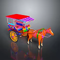 Colorful Horse Drawn Carriage With Red Canopy Yellow Wheels And Decorations