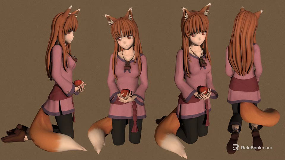 Anime Style Fox Girl Character With Fox Ears And Tail Pink Clothing Holding Red Apple 3d model 