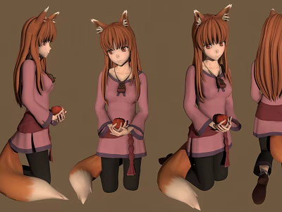 Anime Style Fox Girl Character With Fox Ears And Tail Pink Clothing Holding Red Apple 3d model