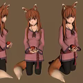 Anime Style Fox Girl Character With Fox Ears And Tail Pink Clothing Holding Red Apple