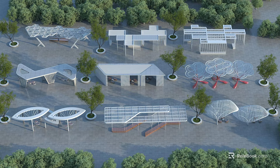 Modern Outdoor Pergola Structures With Trees And Greenery In Public Park 3d model 