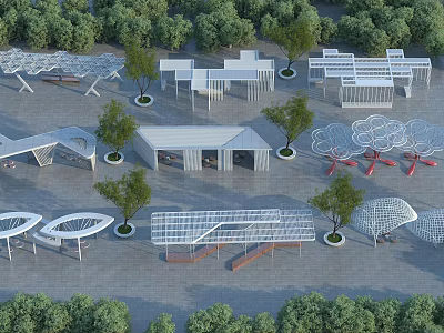 Modern Outdoor Pergola Structures With Trees And Greenery In Public Park 3d model