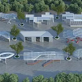 Modern Outdoor Pergola Structures With Trees And Greenery In Public Park