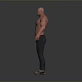 Muscular Shirtless Man Standing With Arms Outstretched Wearing Jeans And Sneakers On Grey Background
