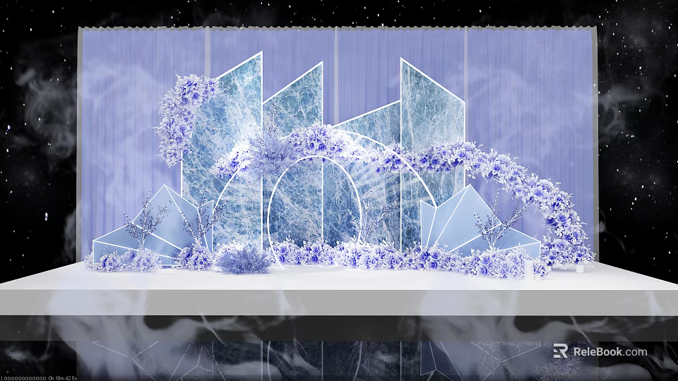 Elegant Check In Area With Blue Floral Decorations And Geometric Arch Design 3d model 