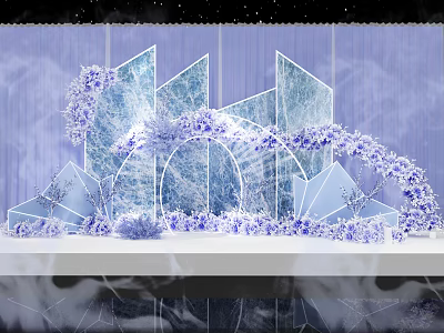 Elegant Check In Area With Blue Floral Decorations And Geometric Arch Design 3d model