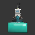 Cute Cartoon Boat Scene With Blue White Hull Red Flag And Green Wave Base