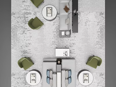 Gray Sofa Coffee Table Set with Round Coffee Tables Green Chairs and Textured Rug 3d model