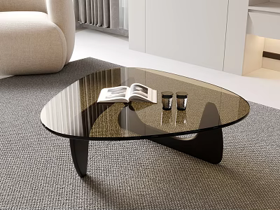 Modern Glass Coffee Table With Black Base Open Book And Small Cups On Gray Carpet 3d model