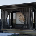 Traditional Wooden Pergola With Circular Decorative Design And Rock Lawn Surroundings
