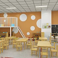 Bright Kindergarten Classroom With Wooden Tables Chairs Whiteboard And Orange Circular Decorative Walls