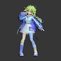Stylish 3D Anime Character With Green Blue Hair Blue Coat White Dress And Blue Boots