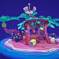 Fantasy Island Scene With Moon Stars Palm Trees Red Pavilion And Blue Water
