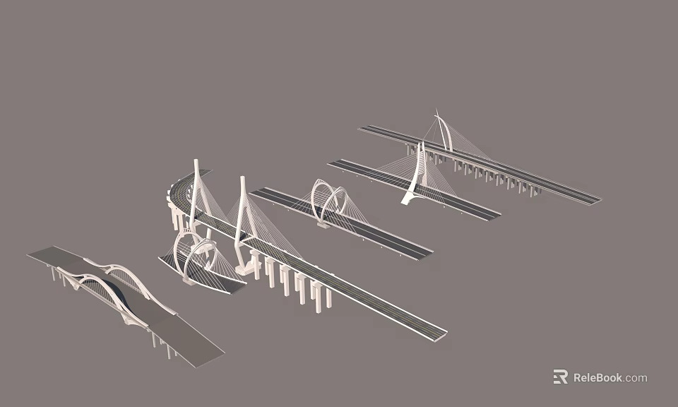 Modern Bridge Architectural Designs Featuring Cable Stayed Arch And Suspension Structures 3d model 