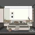 Modern Minimalist Bedroom Interior With Bedside Tables Decorative Paintings Pendant Light And Area Rug