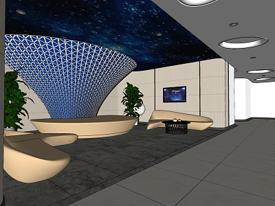 Modern Leisure Area With Starry Ceiling Blue Mesh Structure Beige Sofas Green Plants And TV 3d model