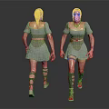 Two Female 3D Character Models Front Back Views Gray Dresses Brown Belts Leg Straps