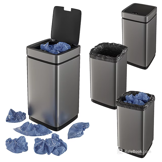 Stainless Steel Trash Bins With Open Lids And Blue Garbage Bags 3d model 