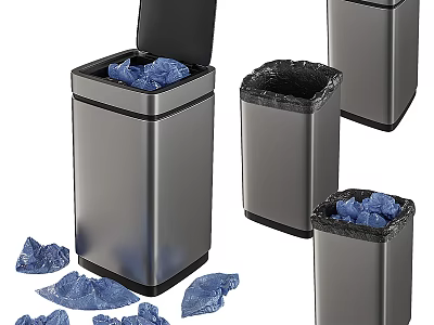 Stainless Steel Trash Bins With Open Lids And Blue Garbage Bags 3d model