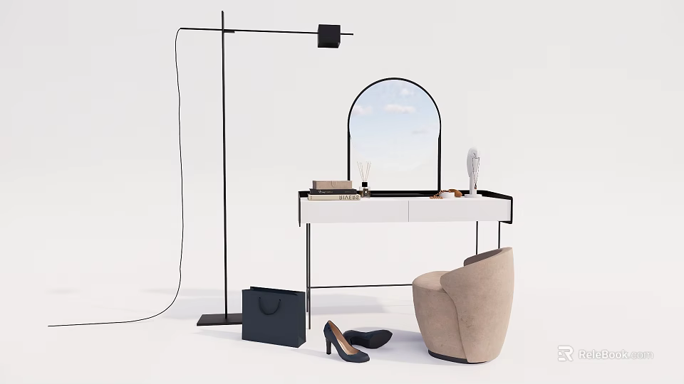 Stylish Dressing Table With Arched Mirror Floor Lamp Beige Chair High Heels And Black Handbag 3d model 