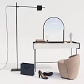 Stylish Dressing Table With Arched Mirror Floor Lamp Beige Chair High Heels And Black Handbag