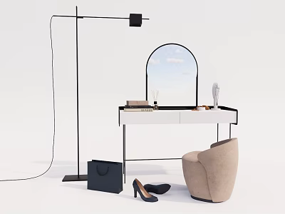 Stylish Dressing Table With Arched Mirror Floor Lamp Beige Chair High Heels And Black Handbag 3d model