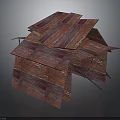 Abstract Wooden Structure With Red Layered Planks And Irregular Roof Design