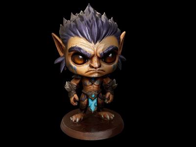 Fantasy Character Q Style Doll With Purple Spiky Hair Pointed Ears And Brown Base 3d model