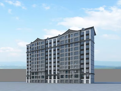 Modern Multi story Residential Building With Glass Windows Traditional Roof Design And Scenic Mountain View 3d model
