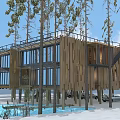 Modern Elevated Wooden House With Pine Trees Open Deck And Water View